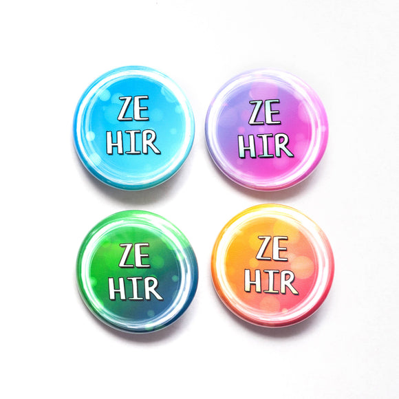Ze/hir pronoun buttons: Assorted Colors